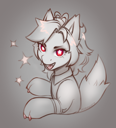 Size: 1050x1150 | Tagged: safe, artist:moewwur, artist:rin-mandarin, derpibooru import, oc, oc only, oc:jiusuk, fox, fox pony, hybrid, pony, bust, claws, clothes, doodle, fluffy mane, fox tail, looking at you, open mouth, paws, sketch, socks, solo, stars, tail