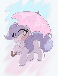 Size: 2078x2708 | Tagged: safe, artist:zzzsleepy, derpibooru import, oc, oc:chanter, ghost, ghost pony, g4, blush sticker, blushing, colored sclera, female, filly, foal, gradient background, happy, solo, umbrella, wavy mouth, yellow sclera