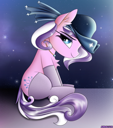 Size: 2707x3062 | Tagged: safe, artist:andaluce, derpibooru import, diamond tiara, pony, g4, clothes, cute, female, filly, foal, hat, night, sitting, smiling, socks, solo, stars