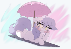 Size: 2957x2027 | Tagged: safe, artist:zzzsleepy, derpibooru import, oc, oc:chanter, ghost, ghost pony, g4, blush sticker, blushing, bored, colored sclera, female, filly, foal, gradient background, lying down, solo, umbrella, wavy mouth, yellow sclera