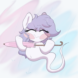 Size: 1926x1926 | Tagged: safe, artist:zzzsleepy, derpibooru import, oc, oc:chanter, ghost, ghost pony, g4, belly, belly button, blush sticker, blushing, eyes closed, female, filly, foal, gradient background, happy, holding, rain, solo, umbrella, wavy mouth