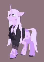 Size: 2480x3508 | Tagged: safe, artist:ollie sketchess, derpibooru import, oc, oc only, oc:nayra note, pony, unicorn, clothes, female, goth, horn, jacket, mare, simple background