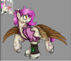 Size: 877x757 | Tagged: safe, artist:molars, derpibooru import, oc, oc:molars, pegasus, pony, angry, ashes town, branded, colored wings, dashite, dashite brand, golden eyes, gray hooves, gritted teeth, multicolored wings, pink mane, pipbuck, scar, solo, spread wings, teeth, unshorn fetlocks, wings, wip