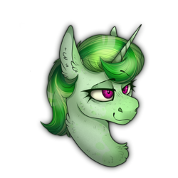 Size: 2300x2300 | Tagged: safe, artist:molars, derpibooru import, oc, oc only, oc:romantic dew, pony, unicorn, fallout equestria, ashes town, chest fluff, commission, eyeshadow, fluffy, horn, makeup, pink eyes, raised eyebrows, shrunken pupils