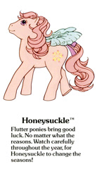 Size: 550x1000 | Tagged: safe, derpibooru import, honeysuckle, flutter pony, pegasus, pony, g1, adorablesuckle, bow, cute, female, g1 backstory, mare, my little pony fact file, official, smiling, solo, tail, tail bow, text