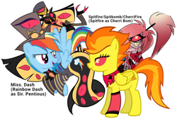 Size: 1080x724 | Tagged: safe, artist:proof-exchange-4003, derpibooru import, rainbow dash, spitfire, cyclops, demon, pegasus, snake, g4, cherri bomb, cherrisnake, clothes, cosplay, costume, crossover, duo, duo female, fangs, female, floating, flying, hat, hazbin hotel, hellaverse, lesbian, male, mare, non-mlp shipping, punk, shipping, sir pentious, smiling, spitdash, straight, text, top hat, uniform