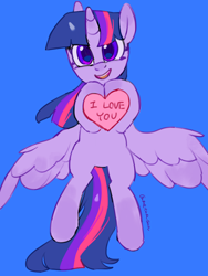 Size: 3072x4096 | Tagged: safe, artist:metaruscarlet, derpibooru import, twilight sparkle, twilight sparkle (alicorn), alicorn, pony, g4, blue background, english, flying, heart, horn, i love you, looking at you, my little pony: friendship is magic, open mouth, simple background, spread wings, text, wings