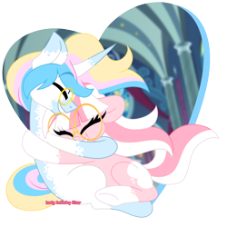 Size: 2000x2000 | Tagged: safe, artist:ladylullabystar, derpibooru import, oc, oc only, oc:lady lullaby star, oc:lunar moon, pony, unicorn, blonde, blonde hair, cute, duo, female, glasses, horn, hug, male, mare, pink fur, pink hair, smiling, stallion, tackle hug, white fur