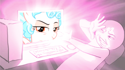 Size: 1200x675 | Tagged: safe, anonymous artist, artist:crystalmagic6, derpibooru import, cozy glow, human, pegasus, g4, computer, cozyposting, female, filly, foal, glowie, keyboard, light rays, meme, smug, this will end in blindness