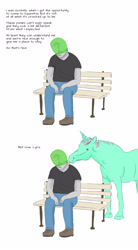 Size: 1658x3000 | Tagged: safe, artist:anonymousandrei, derpibooru import, lyra heartstrings, oc, oc:anon, horse, human, unicorn, g4, 2 panel comic, anon mask, bench, comic, duo, expectation vs reality, female, hoers, horn, horses doing horse things, human in equestria, licking, male, mare, sad keanu, sitting, that pony sure does love humans, tongue, tongue out