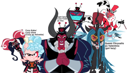 Size: 1080x623 | Tagged: safe, artist:proof-exchange-4003, derpibooru import, cozy glow, lord tirek, queen chrysalis, centaur, changeling, changeling queen, demon, insect, moth, pony, taur, g4, clothes, cosplay, costume, crossover, doll, glasses, hat, hazbin hotel, hellaverse, smiling, top hat, toy, tv head, valentino (hazbin hotel), vees, velvette, vox