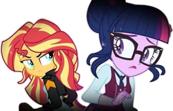 Size: 3929x2520 | Tagged: safe, derpibooru import, edit, edited screencap, editor:mrtoonlover83, screencap, sci-twi, sunset shimmer, twilight sparkle, equestria girls, friendship games, g4, background removed, clothes, crystal prep academy uniform, duo, duo female, female, glasses, not a vector, school uniform