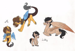 Size: 1964x1341 | Tagged: safe, artist:tazzy-girl, derpibooru import, oc, oc only, oc:loki, oc:wonder, draconequus, pegasus, female, interspecies offspring, male, offspring, parent:discord, parent:oc:alice goldenfeather, parents:canon x oc, siblings, stallion, traditional art