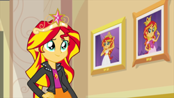 Size: 1920x1080 | Tagged: safe, artist:evilasio, derpibooru import, sunset shimmer, human, equestria girls, g4, clothes, crown, female, indoors, jacket, jewelry, leather, leather jacket, regalia, solo