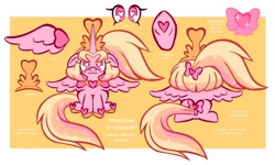 Size: 2048x1232 | Tagged: safe, artist:tricky_cannon, derpibooru import, oc, oc only, alicorn, pony, adoptable, alicorn oc, blonde, blonde mane, blonde tail, cute, front view, horn, mare oc, ocbetes, passepartout, pink coat, rear view, reference sheet, sitting, smiling, solo, tail, wings