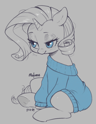 Size: 742x955 | Tagged: safe, artist:mofueus, derpibooru import, rarity, pony, unicorn, blush lines, blushing, clothes, female, horn, lidded eyes, limited palette, mare, oversized clothes, sitting, sleepy, smiling, sweater, underhoof