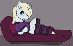 Size: 2837x1805 | Tagged: artist needed, safe, oc, oc only, oc:synthwave, pony, unicorn, /mlp/, 4chan, blonde, blonde mane, blonde tail, butt, clothes, clothing, cushion, dock, eyelashes, femboy, girly, hoodie, large butt, lying down, male, neet, playing, sketch, socks, solo, stallion, thunder thighs, tired, trap, wide hips