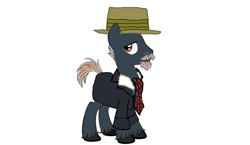 Size: 819x474 | Tagged: safe, oc, earth pony, pony, brown hair with silver streaks, charcoal coat, clothes, doctor, explorer, facial hair, hazel eyes, healer, ikat, ikat scarf, ivory shirt, moleskin, moleskin waistcoat, open coat, scarf, shirt, slouch hat, synthenleather, synthenleather trenchcoat, trenchcoat, van dyke, veteran, waistcoat, war hero, warrior