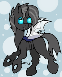 Size: 2000x2500 | Tagged: safe, artist:jellysketch, derpibooru import, oc, oc only, oc:625, changeling, abstract background, changeling oc, commission, cute, cute little fangs, fangs, high res, horn, male, simple background, smiling, solo