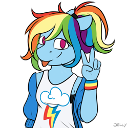 Size: 3000x3000 | Tagged: safe, artist:jellysketch, derpibooru import, rainbow dash, anthro, pegasus, g4, clothes, equestria girls outfit, female, high res, looking at you, peace sign, ponytail, simple background, smiling, smiling at you, solo, tongue, tongue out, victory, victory sign, white background