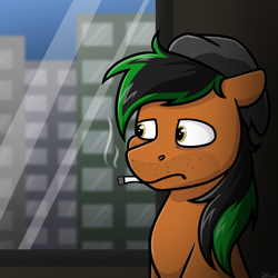 Size: 3000x3000 | Tagged: safe, artist:jellysketch, derpibooru import, oc, oc only, oc:patutu, earth pony, pony, cigarette, city, cityscape, doomer, earth pony oc, hat, high res, indoors, male, sad, smoking, solo, stallion, window