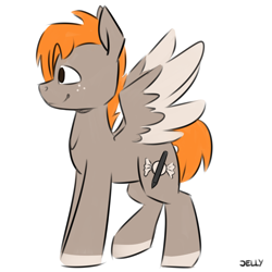 Size: 3000x3000 | Tagged: safe, artist:jellysketch, derpibooru import, oc, oc only, oc:carmel, pegasus, pony, freckles, high res, pegasus oc, profile, side view, simple background, smiling, solo, spread wings, tail, white background, wings