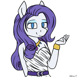 Size: 3000x3000 | Tagged: safe, artist:jellysketch, derpibooru import, rarity, anthro, g4, bracelet, clothes, eyeshadow, female, high res, jewelry, looking at you, makeup, necklace, simple background, smiling, smiling at you, solo, top, white background