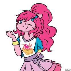 Size: 3000x3000 | Tagged: safe, artist:jellysketch, derpibooru import, pinkie pie, anthro, earth pony, g4, blinking, bracelet, clothes, curly hair, female, high res, jewelry, looking at you, one eye closed, shirt, simple background, skirt, smiling, smiling at you, solo, t-shirt, white background, wink, winking at you