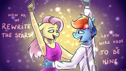 Size: 3840x2160 | Tagged: safe, artist:jellysketch, derpibooru import, fluttershy, rainbow dash, anthro, pegasus, g4, armpits, breasts, clothes, crossover, dancing, duo, duo female, ears, eyebrows, eyebrows visible through hair, female, floppy ears, flutterdash, hand on waist, high res, lesbian, open mouth, open smile, rewrite the stars, shipping, simple background, singing, smiling, the greatest showman