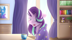 Size: 3840x2160 | Tagged: safe, artist:jellysketch, derpibooru import, starlight glimmer, trixie, twilight sparkle, twilight sparkle (alicorn), alicorn, pony, unicorn, g4, ballerina, book, bookshelf, bruh, clothes, coffee, coffee mug, curtains, ears, eye clipping through hair, female, floppy ears, high res, horn, indoors, mare, morning, morning ponies, mug, open mouth, picture frame, polish, sitting, sleepy, solo focus, tutu, twilarina, vulgar, window