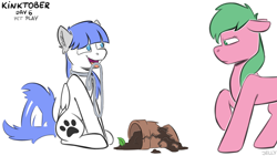 Size: 3840x2160 | Tagged: safe, artist:jellysketch, derpibooru import, oc, oc only, oc:pine berry, oc:snow pup, earth pony, pegasus, pony, behaving like a dog, broken, collar, duo, duo female, ear fluff, ears, ears back, female, floppy ears, folded wings, glare, happy, kinktober, kinktober 2020, leash, mare, mouth hold, open mouth, open smile, paw prints, pet play, pet tag, raised hoof, raised leg, simple background, sitting, smiling, standing, tail, tail wag, white background, wings