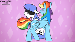 Size: 3840x2160 | Tagged: safe, artist:jellysketch, derpibooru import, rainbow dash, oc, oc:snow pup, pegasus, pony, g4, abstract background, blindfold, blushing, butt, canon x oc, duo, duo female, ears, female, floppy ears, high res, kinktober, kinktober 2020, lesbian, looking at someone, mare, open mouth, pegasus oc, plot, seduction, shipping, simple background, sitting, smiling, standing, tail, tail seduce, teasing, wings