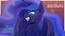 Size: 3840x2160 | Tagged: safe, artist:jellysketch, derpibooru import, princess luna, alicorn, pony, g4, angry, crying, ethereal mane, female, gritted teeth, high res, horn, mare, sitting, solo, spread wings, teary eyes, teeth, the moon rises, wings