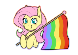 Size: 3508x2480 | Tagged: safe, artist:jellysketch, derpibooru import, fluttershy, pegasus, pony, g4, blush lines, blush sticker, blushing, cute, female, gay pride flag, high res, holding a flag, looking at you, mare, pride, pride flag, pride month, rainbow, rainbow flag, shyabetes, simple background, smiling, smiling at you, solo, white background