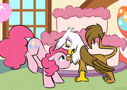 Size: 4093x2894 | Tagged: safe, artist:jellysketch, derpibooru import, gilda, pinkie pie, earth pony, griffon, pony, g4, griffon the brush off, balloon, cake, draw every mlp episode, duo, duo female, eye contact, female, food, high res, indoors, looking at each other, looking at someone, mare, my little pony: friendship is magic, scene interpretation, tail, window