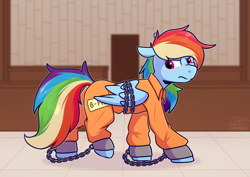 Size: 4093x2894 | Tagged: safe, artist:jellysketch, derpibooru import, rainbow dash, pegasus, pony, g4, ankle chain, ankle cuffs, b-f16, bondage, bound wings, butt, chains, clothes, commission, courtroom, cuffs, female, folded wings, grumpy, jumpsuit, mare, plot, prison, prison outfit, prisoner, prisoner rd, solo, wings