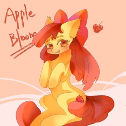 Size: 2048x2048 | Tagged: safe, artist:zheishigeshahaoa, derpibooru import, apple bloom, earth pony, pony, g4, apple, blushing, female, filly, foal, food, solo, text