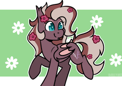 Size: 4093x2894 | Tagged: safe, artist:jellysiek, artist:jellysketch, derpibooru import, oc, oc only, oc:efflorescence, bat pony, pony, bat pony oc, bat wings, bipedal, commission, ear tufts, fangs, female, flower, flower in hair, high res, mare, raised hoof, raised leg, smiling, solo, tail, tongue, tongue out, two toned mane, two toned tail, wings