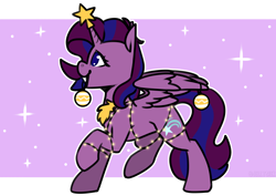 Size: 3508x2480 | Tagged: safe, artist:jellysiek, artist:jellysketch, derpibooru import, oc, oc only, oc:princess starglow, alicorn, pony, alicorn oc, christmas, christmas lights, christmas ornament, commission, decoration, female, high res, holiday, horn, mare, mouth hold, partially open wings, profile, raised hoof, raised leg, side view, solo, sparkles, string lights, tangled up, wings