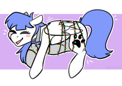 Size: 3508x2480 | Tagged: safe, artist:jellysketch, derpibooru import, oc, oc only, oc:snow pup, pegasus, pony, blush lines, blush sticker, blushing, christmas, christmas lights, collar, commission, eyes closed, female, high res, holiday, mare, open mouth, open smile, partially open wings, pegasus oc, pet tag, smiling, solo, string lights, tail, tangled up, wings