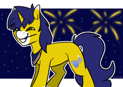 Size: 3508x2480 | Tagged: safe, artist:jellysketch, derpibooru import, oc, oc only, oc:seigwestwood, pony, unicorn, commission, fireworks, grin, high res, horn, male, night, night sky, sky, smiling, solo, stallion, stars, tail, unicorn oc