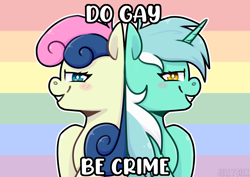 Size: 4093x2894 | Tagged: safe, artist:jellysiek, artist:jellysketch, derpibooru import, bon bon, lyra heartstrings, sweetie drops, earth pony, pony, unicorn, g4, back to back, be gay do crimes, bedroom eyes, blush lines, blush sticker, blushing, caption, do gay be crimes, duo, duo female, female, gay pride flag, grin, high res, horn, lesbian, lyrabon, mare, meme, pride, pride flag, shipping, signature, smiling, text