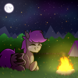 Size: 2894x2894 | Tagged: safe, artist:jellysiek, artist:jellysketch, derpibooru import, oc, oc only, bat pony, pony, bat pony oc, bat wings, blush sticker, blushing, campfire, commission, ear tufts, eyes closed, full moon, grass, high res, moon, night, night sky, outdoors, sky, smiling, solo, stars, tail, tent, wings