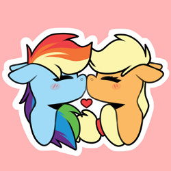 Size: 650x650 | Tagged: safe, artist:jellysiek, artist:jellysketch, derpibooru import, applejack, rainbow dash, earth pony, pegasus, pony, g4, appledash, blue coat, blush lines, blush sticker, blushing, bust, duo, duo female, ears, ears back, eyes closed, female, floppy ears, hairband, heart, kiss on the lips, kissing, lesbian, mane, mare, multicolored hair, orange coat, outline, pink background, rainbow hair, shipping, simple background, white outline, yellow mane