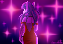 Size: 4093x2894 | Tagged: safe, artist:jellysketch, derpibooru import, twilight sparkle, anthro, g4, ass, butt, choker, clothes, dress, female, high res, looking at you, looking back, looking back at you, red dress, side slit, signature, solo, sparkles, total sideslit