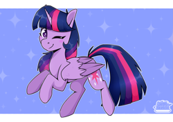 Size: 4093x2894 | Tagged: safe, artist:jellysketch, derpibooru import, twilight sparkle, twilight sparkle (alicorn), alicorn, pony, g4, blushing, female, folded wings, high res, looking at you, mare, one eye closed, signature, smiling, smiling at you, solo, sparkles, wings, wink, winking at you