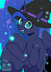 Size: 2894x4093 | Tagged: safe, artist:jellysketch, derpibooru import, princess luna, alicorn, pony, g4, cute, fangs, female, halloween, hat, high res, holiday, horn, looking at you, lunabetes, magic, mare, nightmare luna, nightmare night, open mouth, open smile, sharp teeth, signature, slit eyes, smiling, smiling at you, solo, spread wings, teeth, wings, witch hat