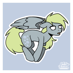 Size: 2894x2894 | Tagged: safe, artist:jellysketch, derpibooru import, derpy hooves, pegasus, pony, g4, blank eyes, blue background, cutie mark, empty eyes, female, high res, mare, no pupils, open mouth, outline, partially open wings, signature, simple background, solo, white eyes, white outline, wings