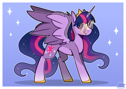 Size: 4093x2894 | Tagged: safe, artist:jellysketch, derpibooru import, twilight sparkle, twilight sparkle (alicorn), alicorn, pony, g4, blaze (coat marking), blue background, coat markings, colored pinnae, colored wings, crown, facial markings, female, glasses, high res, hoof shoes, horn, jewelry, looking at you, mare, pale belly, passepartout, princess shoes, redesign, regalia, simple background, smiling, smiling at you, socks (coat marking), solo, sparkles, spread wings, standing, two toned wings, wings