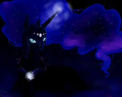 Size: 2738x2190 | Tagged: safe, artist:bluebrushcreations, derpibooru import, nightmare moon, alicorn, pony, g4, blue background, blue eyes, blue mane, bust, crown, dark, digital art, ethereal mane, female, flowing mane, glowing, helmet, horn, jewelry, looking at you, mare, night, peytral, portrait, regalia, signature, simple background, solo, sparkles, starry mane, stars